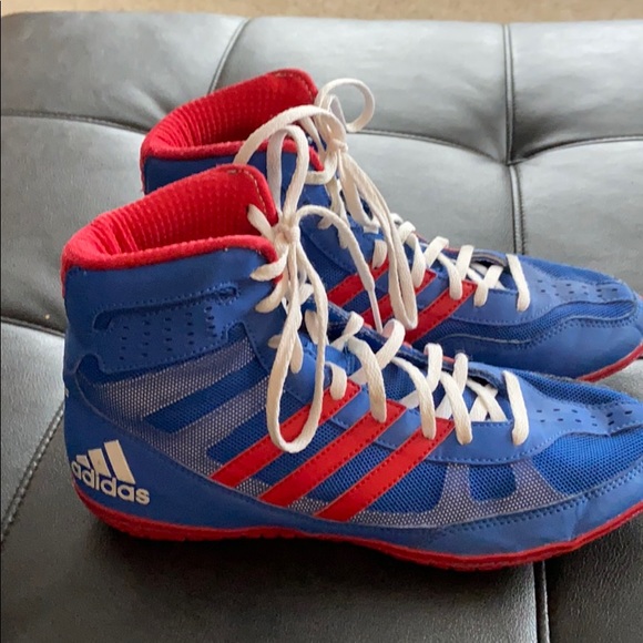 red white and blue adidas wrestling shoes